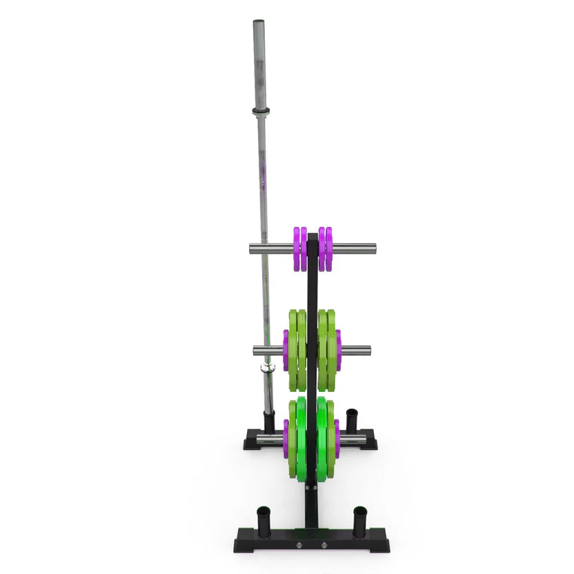 Weight rack with green weight plates and a bar on a white background