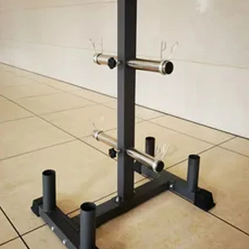 Black metal weightlifting stand on a tiled floor