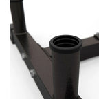 Close-up of a black metal stand with a cylindrical component on a white background