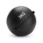 A black 3kg medicine ball with white printed text and black stitched details, shown on a clean white background.