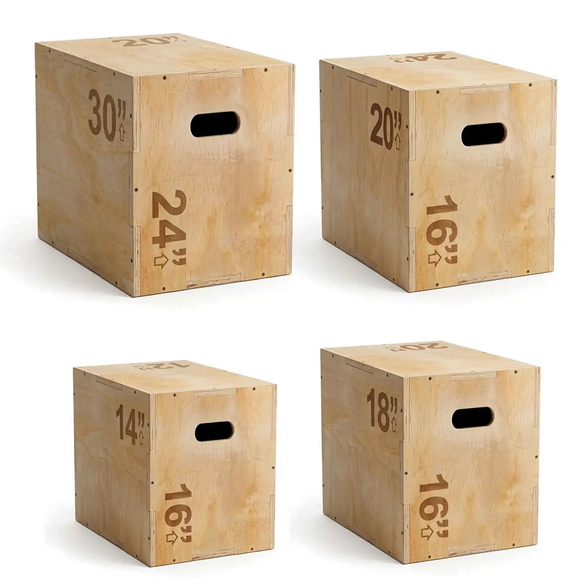 Four natural wood plyo boxes in different sizes (30, 24, 16, and 18 inches) arranged in a 2x2 grid on a white background.