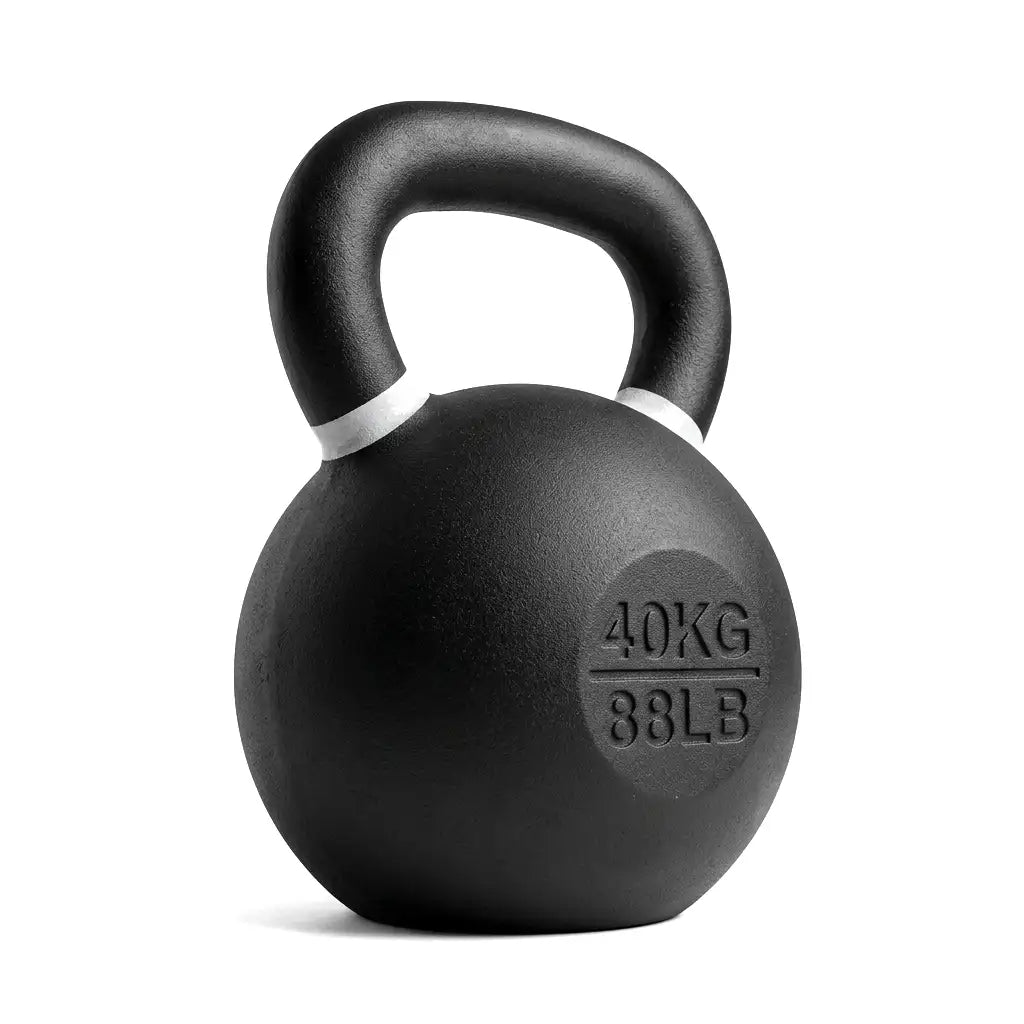 A matte black 40kg kettlebell with a white accent band and embossed weight markings, shown on a clean white background.