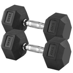 Pair of black hexagonal dumbbells with '45KG' marking on a white background
