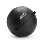 A black 4kg leather medicine ball with white text and black stitched details, shown on a white background.