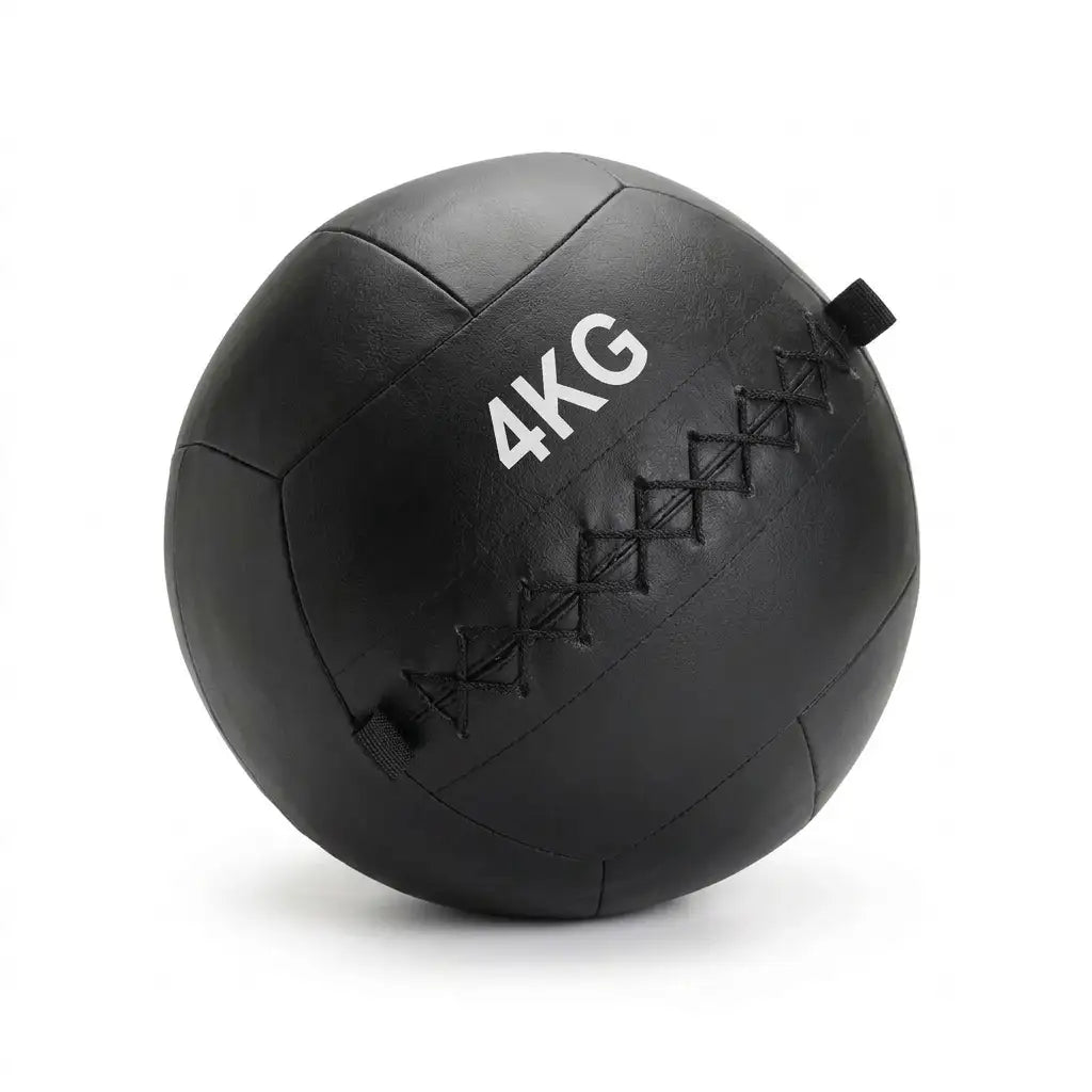A black 4kg leather medicine ball with white text and black stitched details, shown on a white background.