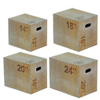 A beige 3-in-1 wooden plyometric jump box with marked heights for box jumps and step-ups.