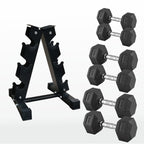 Set of black hexagonal dumbbells with a black metal rack on a white background