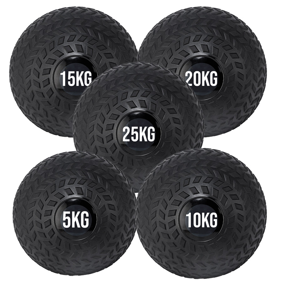 A black treaded slam ball with a textured grip and the weight '15KG,20KG,5KG,10KG,25KG' displayed on it.