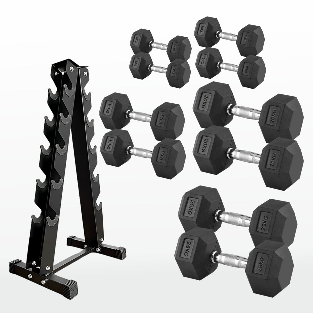 Set of hexagonal dumbbells with a black metal stand on a white background
