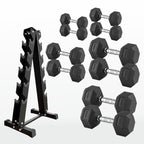 Set of hexagonal dumbbells with a black metal stand on a white background