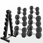Set of hexagonal dumbbells with a metal rack on a white background