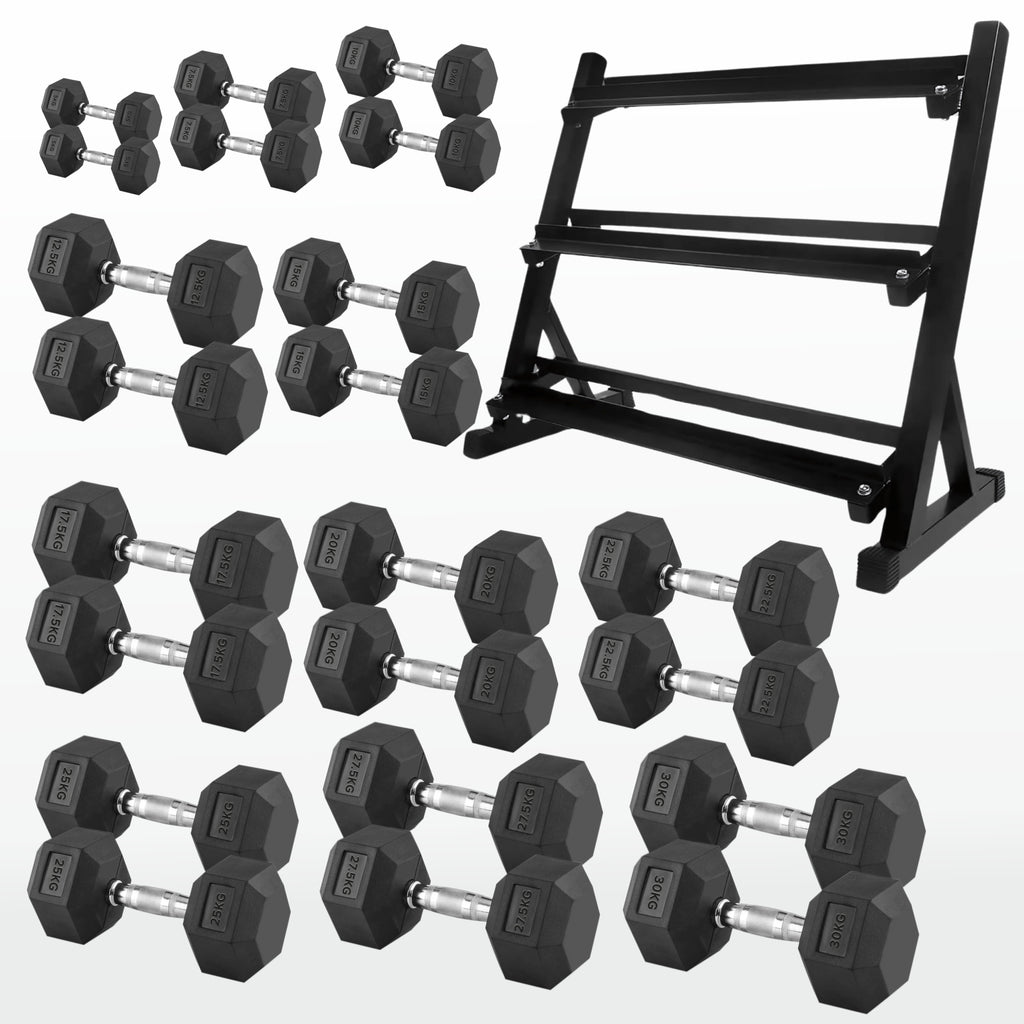 Set of black hexagonal dumbbells with a black metal rack on a white background