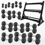 Set of black hexagonal dumbbells with a black metal rack on a white background