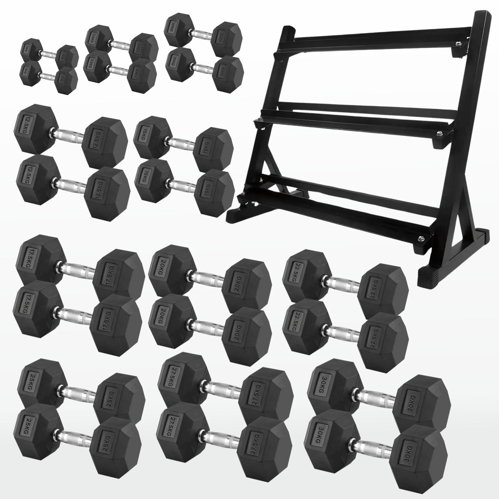 Set of black hexagonal dumbbells with a black metal rack on a white background