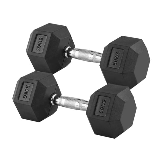 50kg Rubber Hex Dumbbells with Knurled Steel Handles – Extra-Heavy Free Weights for Strength Training, Mass Building & High-Intensity Home Gym Workouts