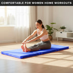 Woman stretching on a blue exercise mat in a home setting with text 'Comfortable for Women Home Workouts'.