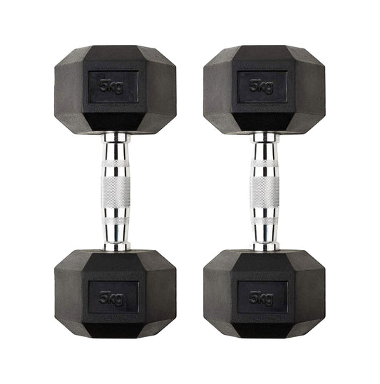 5kg Rubber Hex Dumbbells with Knurled Steel Handles – Compact Weights for Home Strength Workouts, Toning & Beginner Muscle Building