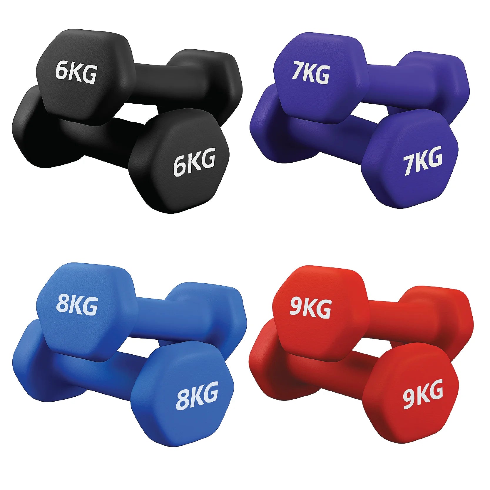 Set of Black and blue dumbbells with weight markings on a white background
