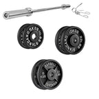 Barbell set with weight plates and bar on a white background