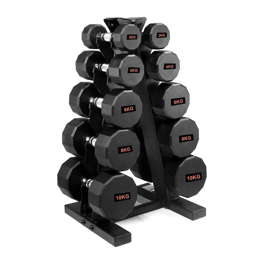 Set of dumbbells on a stand with weight markings on a white background