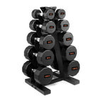 Set of dumbbells on a stand with weight markings on a white background