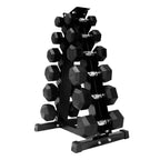 Black dumbbell set with holder on a white background