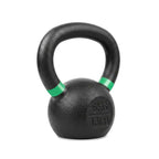 A black cast iron kettlebell with a textured finish, featuring bright green bands on the handle and a stamped '6KG 13LB' logo on the base, isolated on a white background.