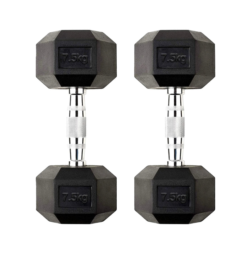 Pair of 7.5kg hexagonal dumbbells on a white background