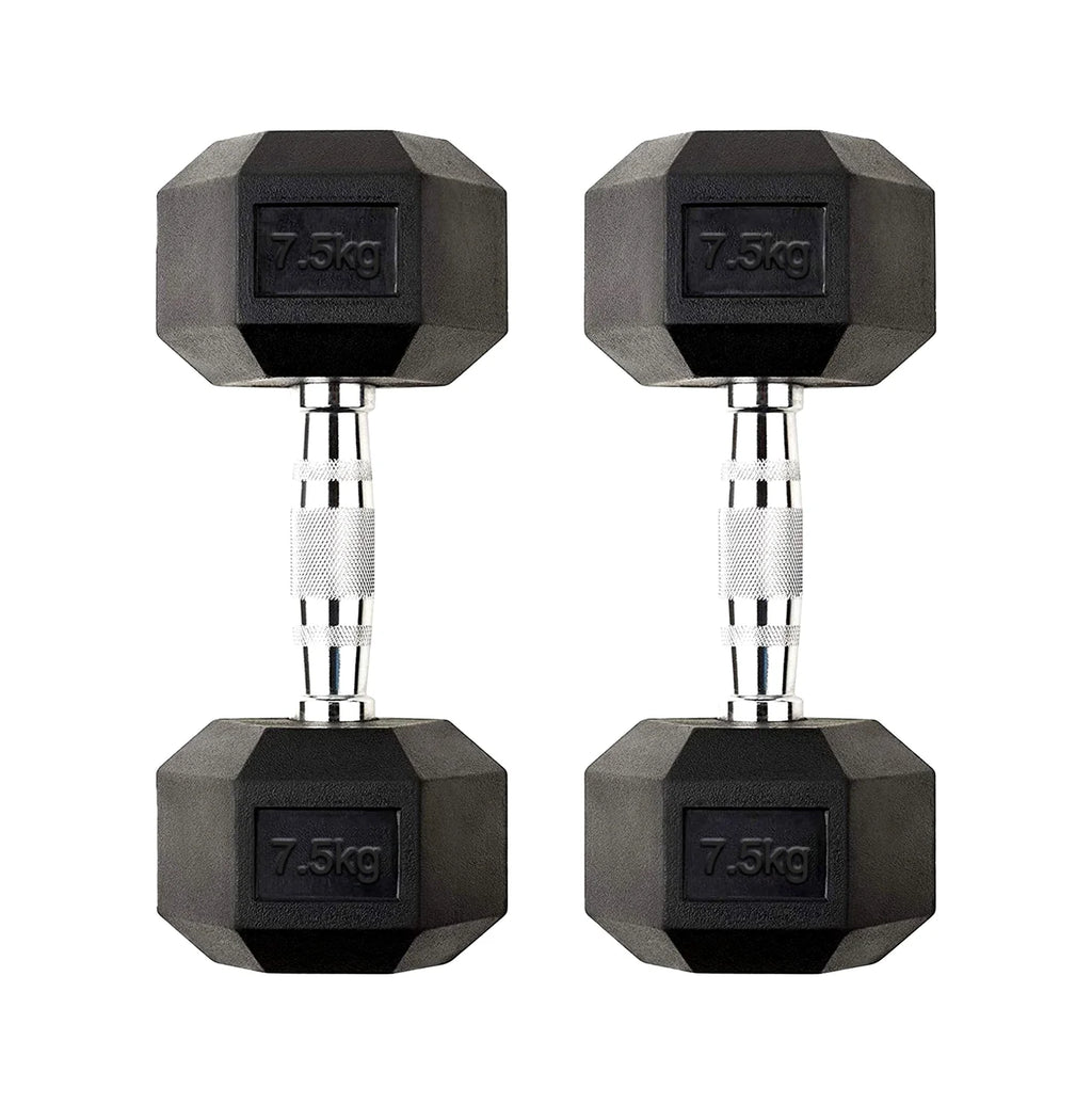 Pair of black hexagonal dumbbells with '7.5kg' marking on a white background