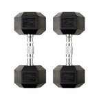 Pair of black hexagonal dumbbells with '7.5kg' marking on a white background