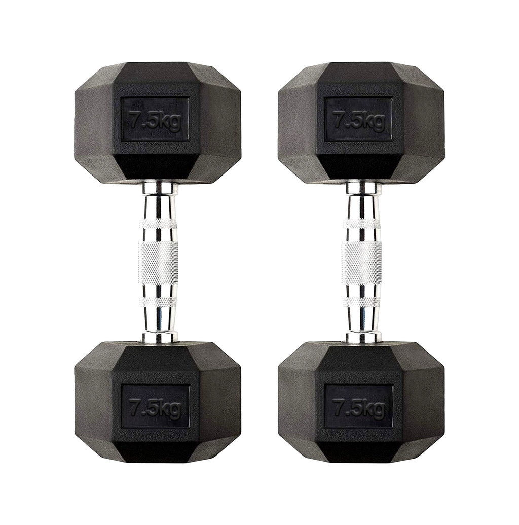 Pair of black hexagonal dumbbells with '7.5kg' marking on a white background