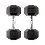 Pair of black hexagonal dumbbells with '7.5kg' marking on a white background