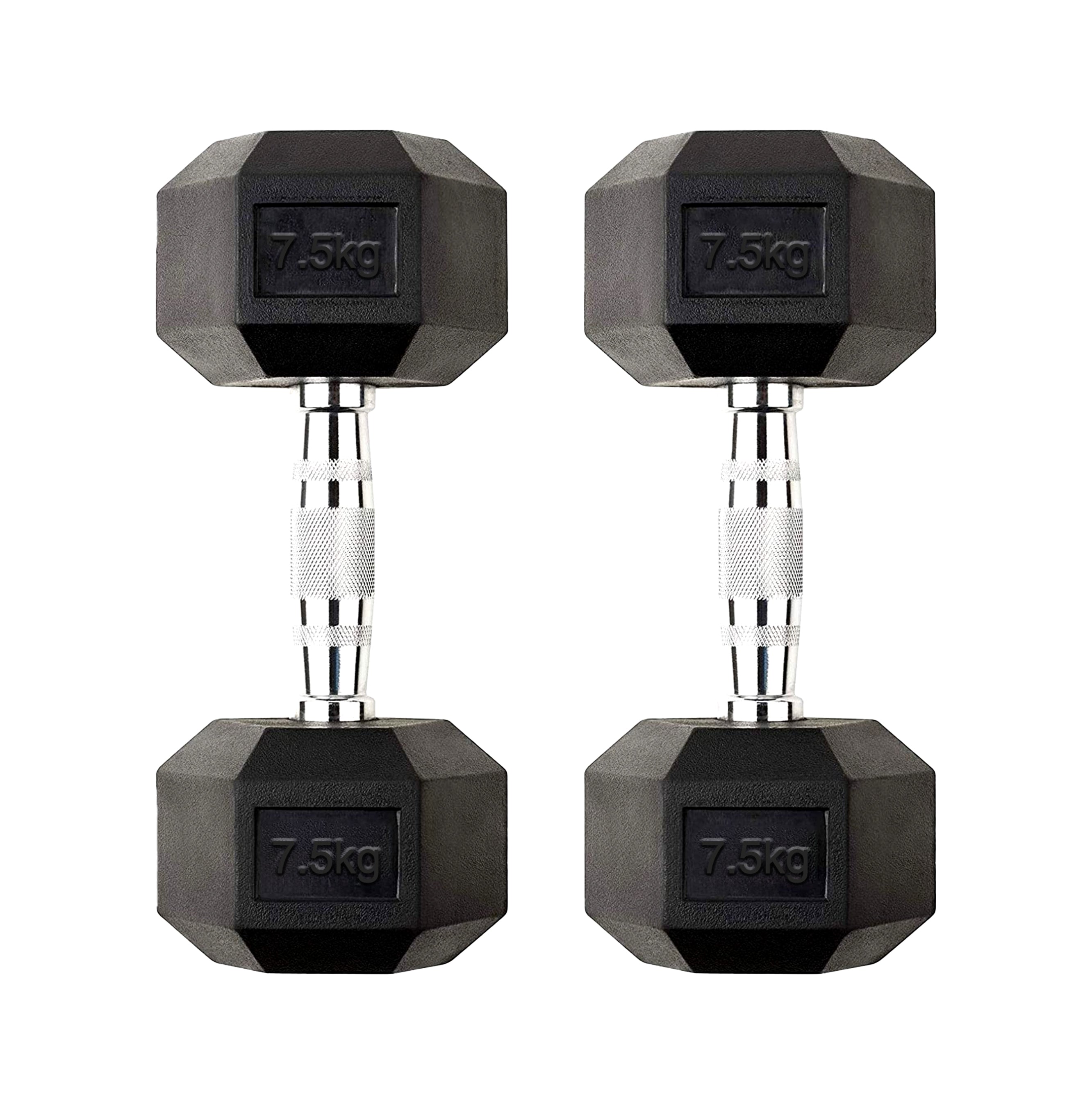 Pair of black hexagonal dumbbells with '7.5kg' marking on a white background