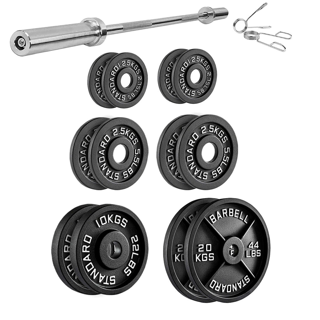 Set of weight plates and barbell on a white background