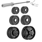 Set of weight plates and barbell on a white background