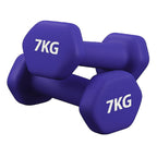 Pair of purple 7KG dumbbells on a white background