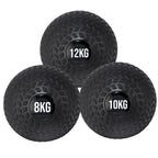 A black treaded slam ball with a textured grip and the weight '12KG,8KG,10KG' displayed on it.