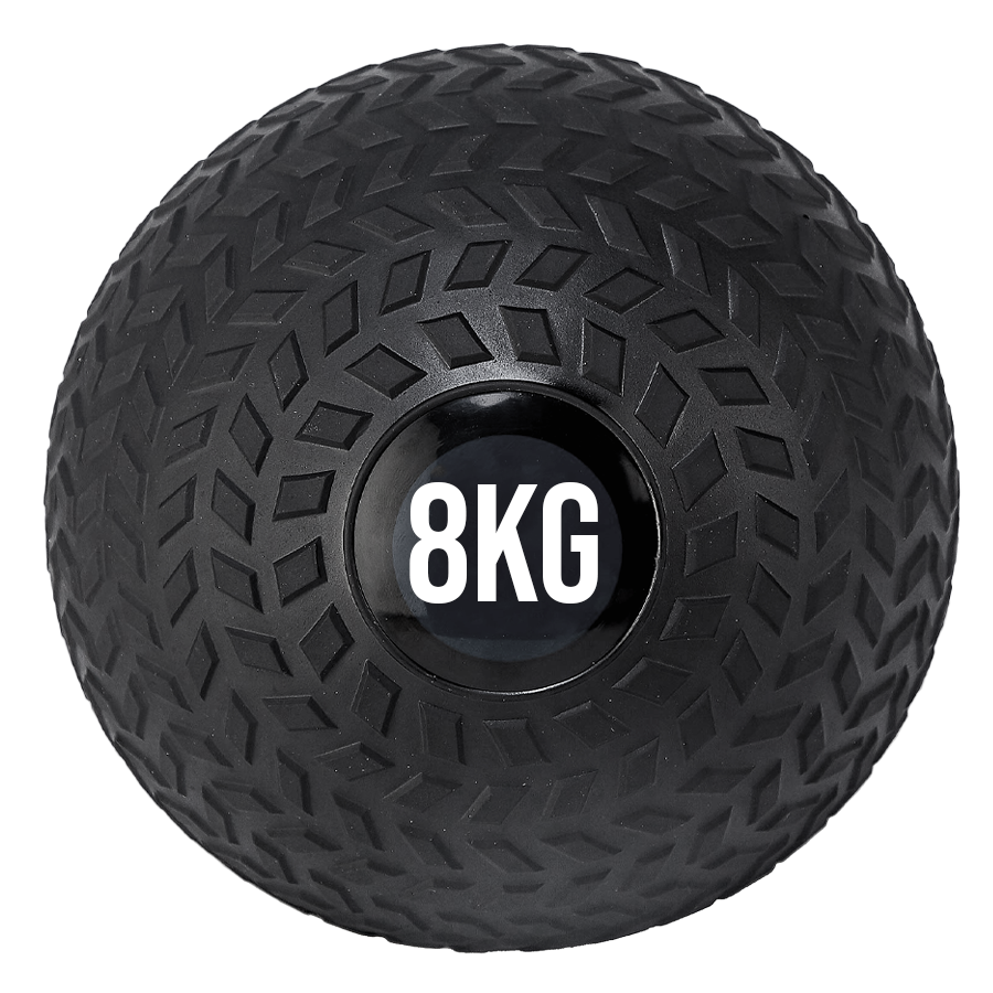 A black treaded slam ball with a textured grip and the weight '8KG' displayed on it.