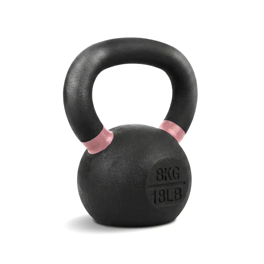 A black kettlebell with a textured finish and pink bands on the handle, featuring '8KG / 18LB' embossed on the weight, set against a plain white background.