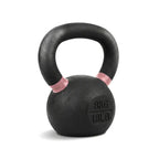 A black kettlebell with a textured finish and pink bands on the handle, featuring '8KG / 18LB' embossed on the weight, set against a plain white background.
