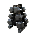 Set of black hexagonal dumbbells on a white background