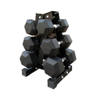 black 3 tier hex dumbbells with tree rack