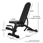 Black adjustable weight bench with dimensions labeled on a white background
