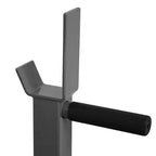 Metal door handle with black grip on a white background