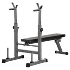 Weight bench with adjustable barbell stand on a white background