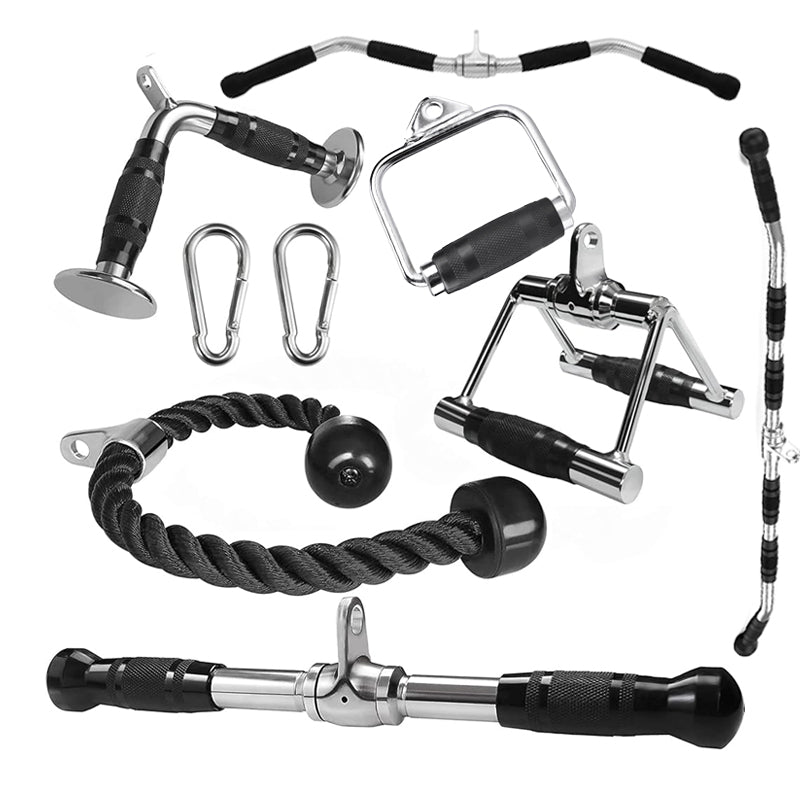 Collection of climbing equipment including ropes, carabiners, and metal hooks on a white background