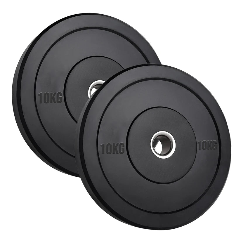 Two black weight plates with '10KG' marking on a white background