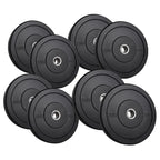Set of black weight plates with varying weights on a white background