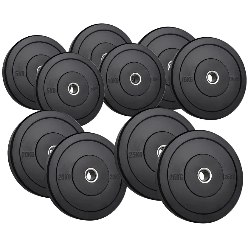 Set of black weight plates with varying weights on a white background