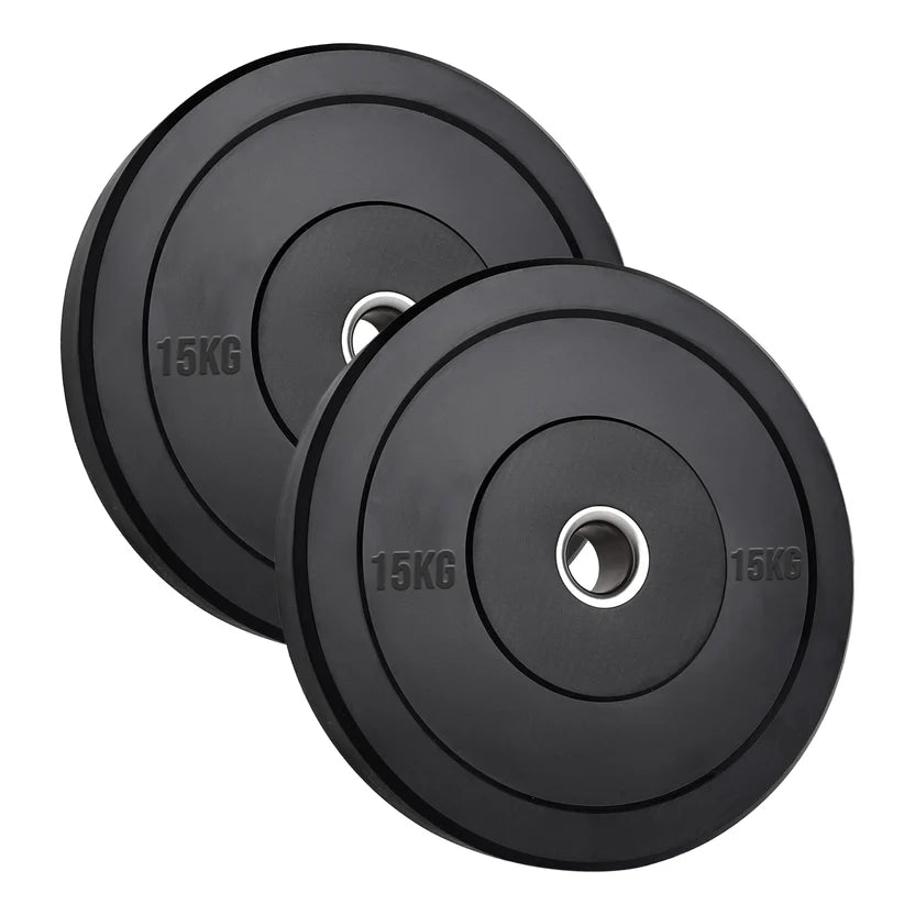 Two black weight plates with '15KG' marking on a white background